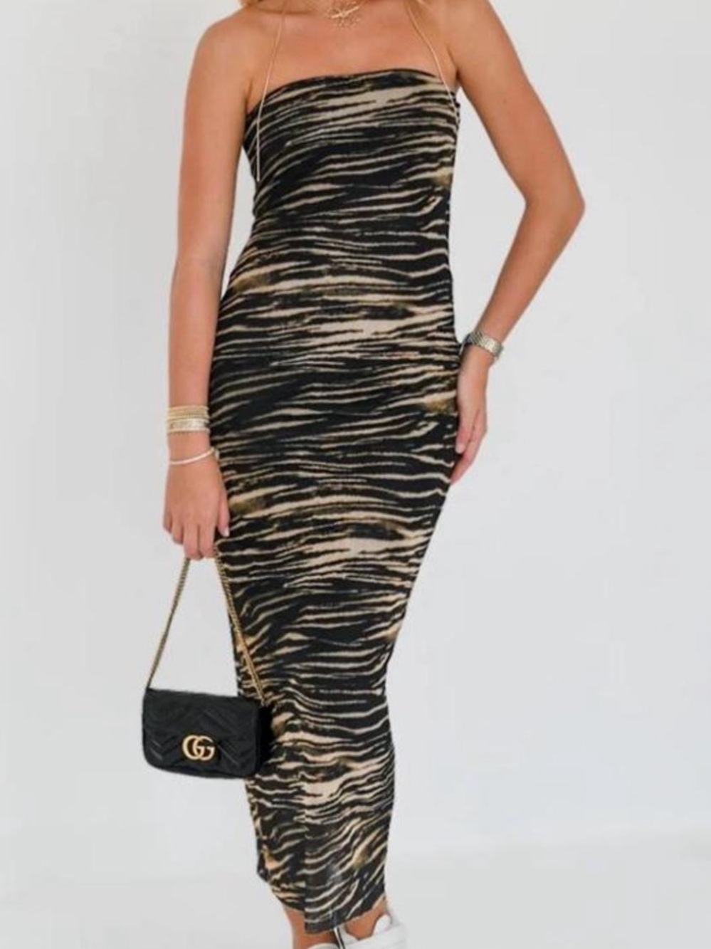 12th Tribe Black and Tan Strapless Zebra-Print Midi Dress